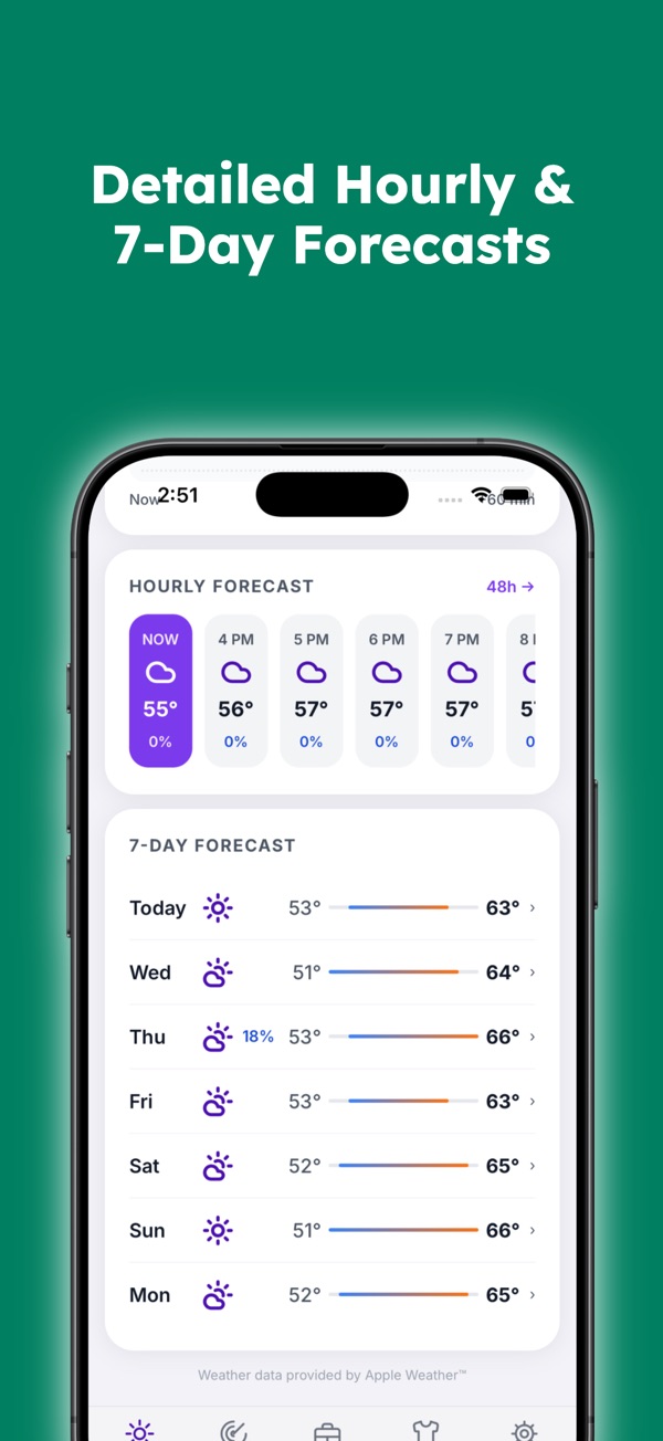 iPhone screenshot of the Layer Weather ten-day forecast, with each day's conditions and temperatures.