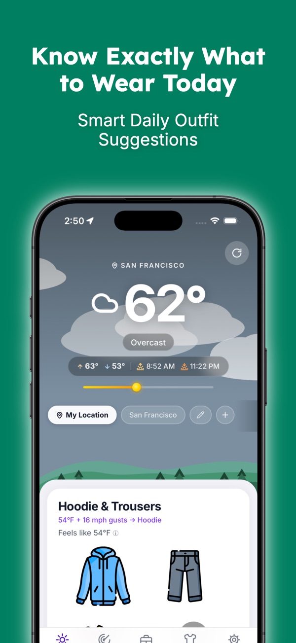 iPhone screenshot of Layer Weather Today: current weather and the outfit to wear.